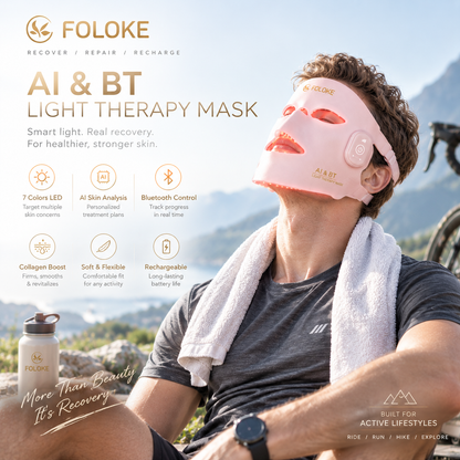 FOLOKE pink LED face mask lifestyle image and feature overview